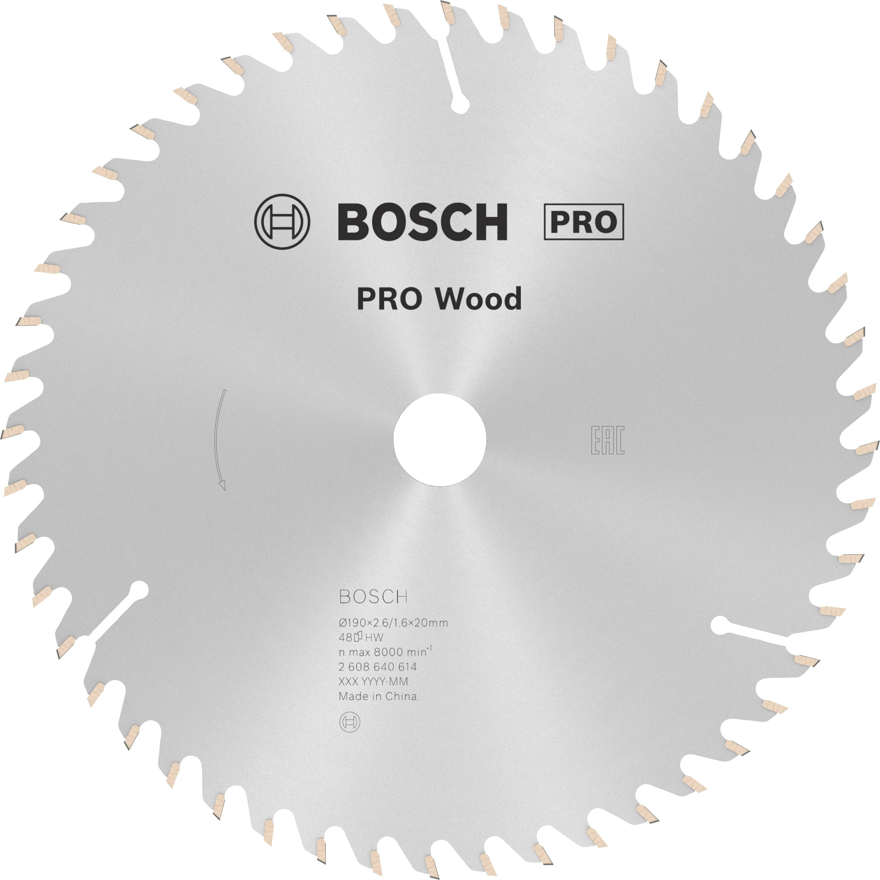 Lame de scie : Bosch Pro Wood, diamètre de 216 mm, alésage de 20 mm, conçue pour les travaux sur bois. Fabriqué en Chine.