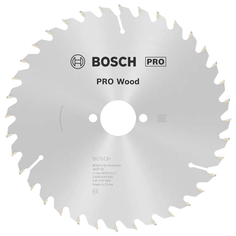 Lame de scie avec logo Bosch et texte : PRO Wood. Adaptée pour la coupe du bois, 210x30mm, 30 dents, max 8000 tr/min, Fabriqué en Chine.