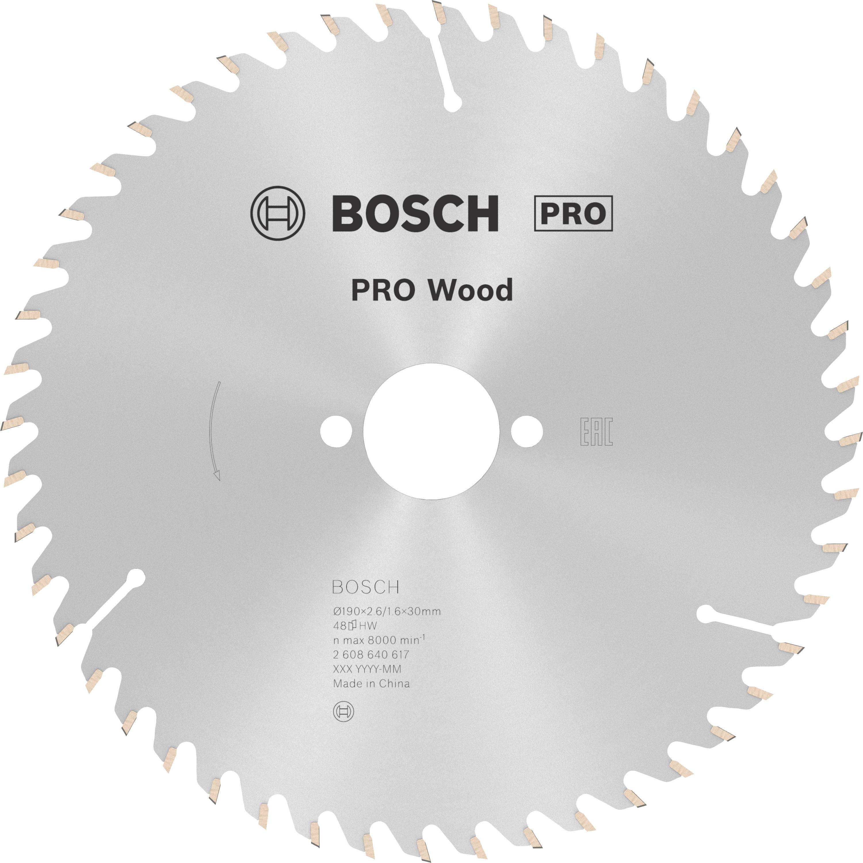 Une lame de scie circulaire Bosch PRO ronde pour le bois. Couleur argent avec des dents tranchantes. Nom de marque et spécifications sur la surface.