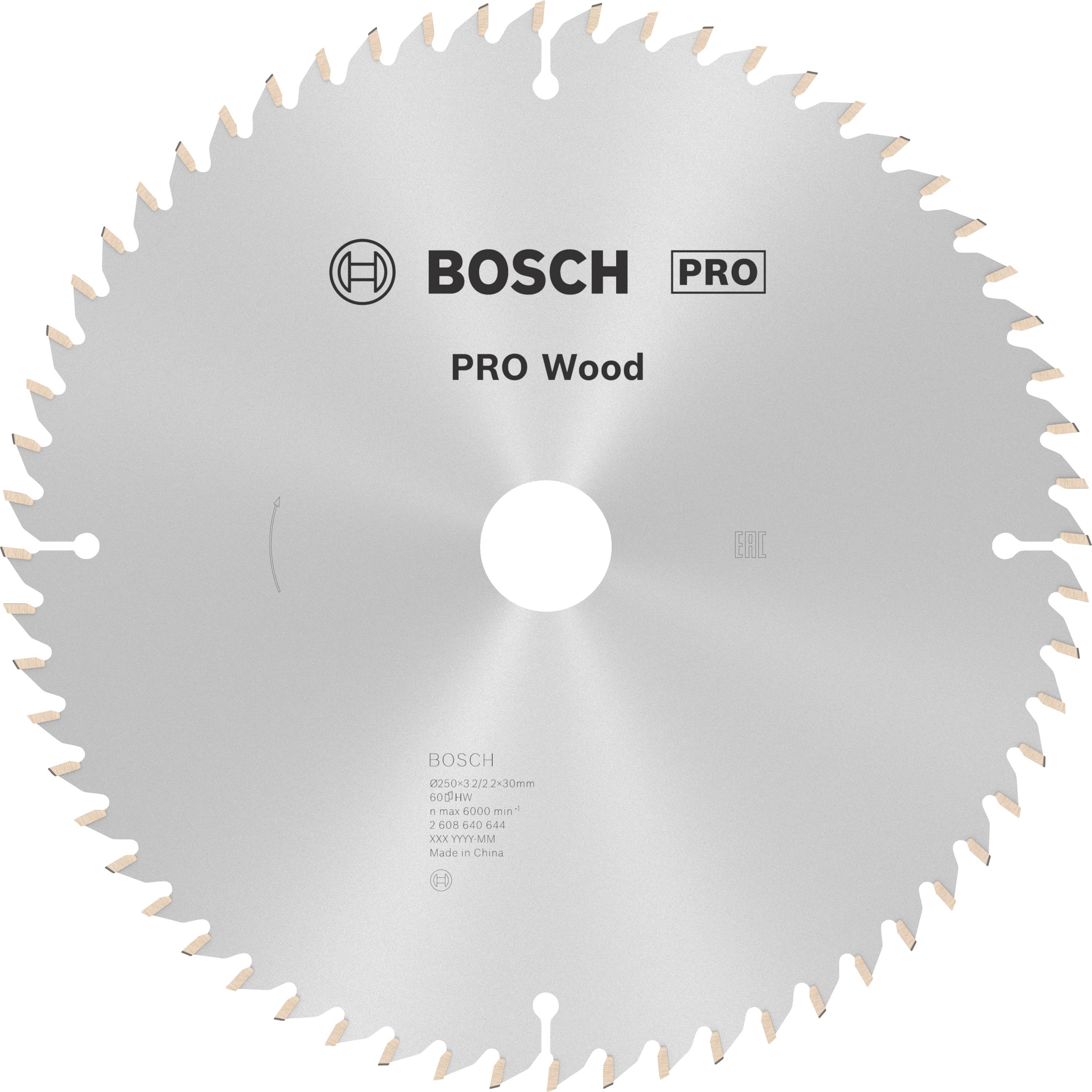 Lame de scie circulaire portant l'inscription 'BOSCH PRO Wood', adaptée aux travaux sur bois. Les informations du fabricant et les spécifications sont visibles.