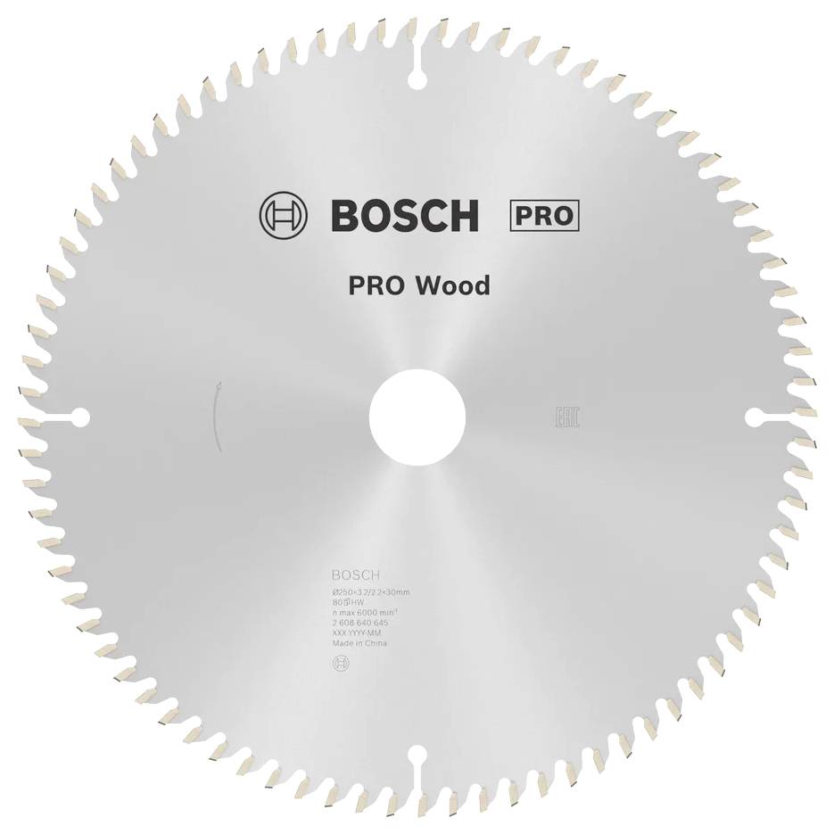 Lame de scie portant l'étiquette « BOSCH PRO Wood », munie de 80 dents tranchantes sur son pourtour, conçue pour la coupe efficace des matériaux en bois.