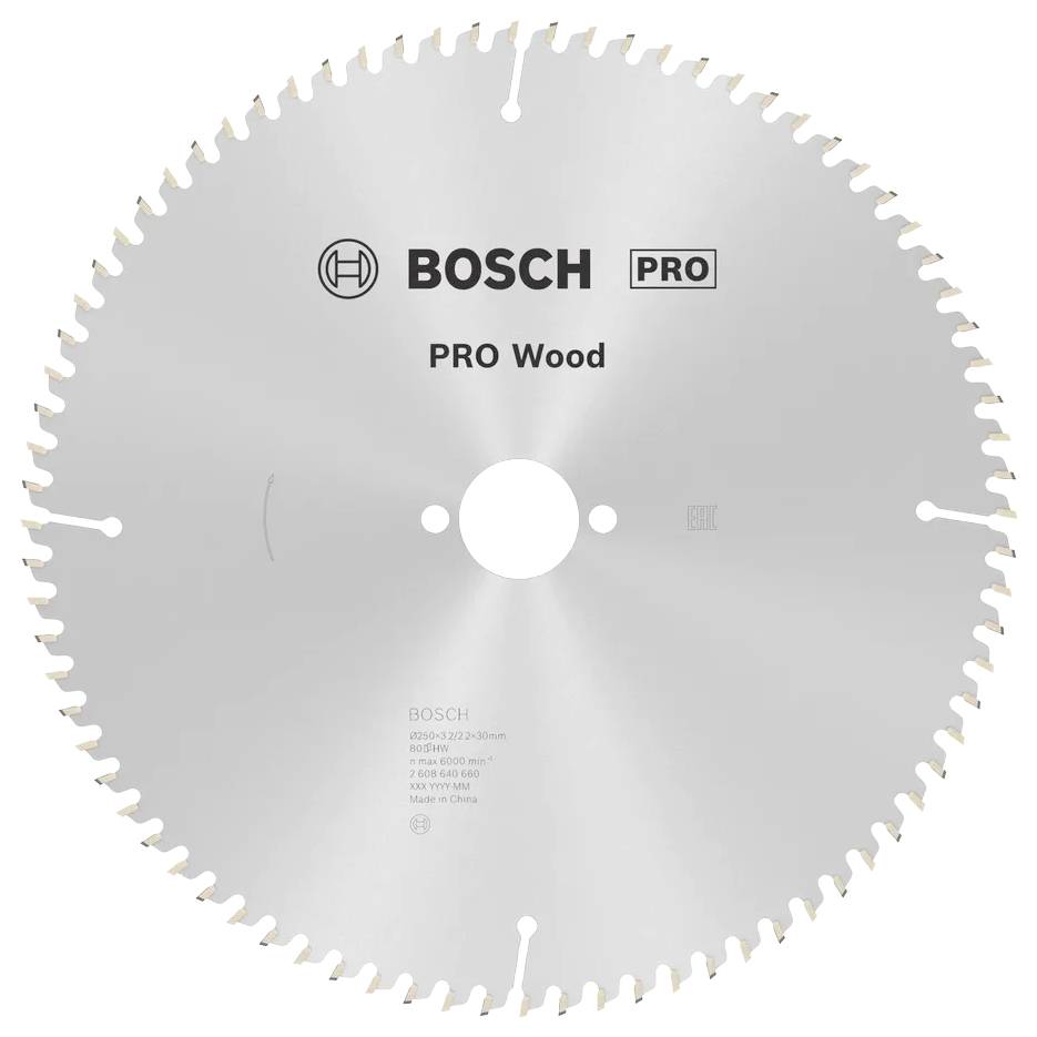 Lame de scie circulaire étiquetée 'Bosch PRO Wood' conçue pour couper le bois, présentant de nombreuses dents régulièrement espacées sur son bord.