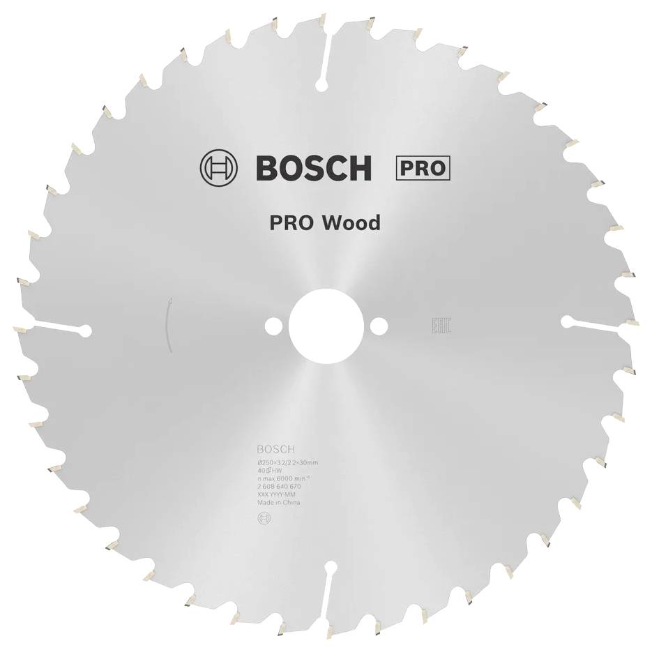 Lame de scie circulaire de marque 'Bosch PRO Wood' avec spécifications gravées sur la surface, conçue pour la coupe du bois.