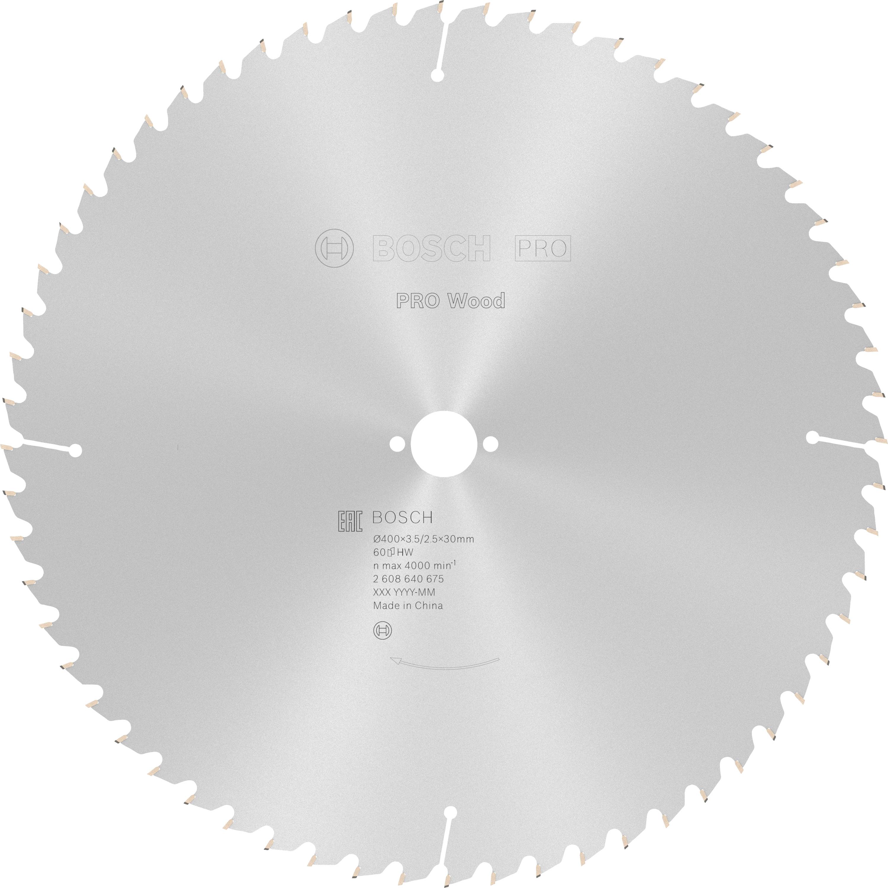 Lame de scie circulaire en métal avec plusieurs dents, marquée 'PRO Wood' pour le travail du bois. Nom de marque et détails techniques sur la face avant.