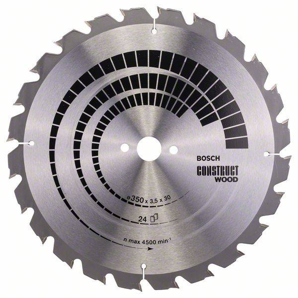 Lame de scie de 24 dents, adaptée pour le bois. Inscription : 'Bosch Construct Wood', diamètre 350 mm, vitesse maximale 4500 tr/min.