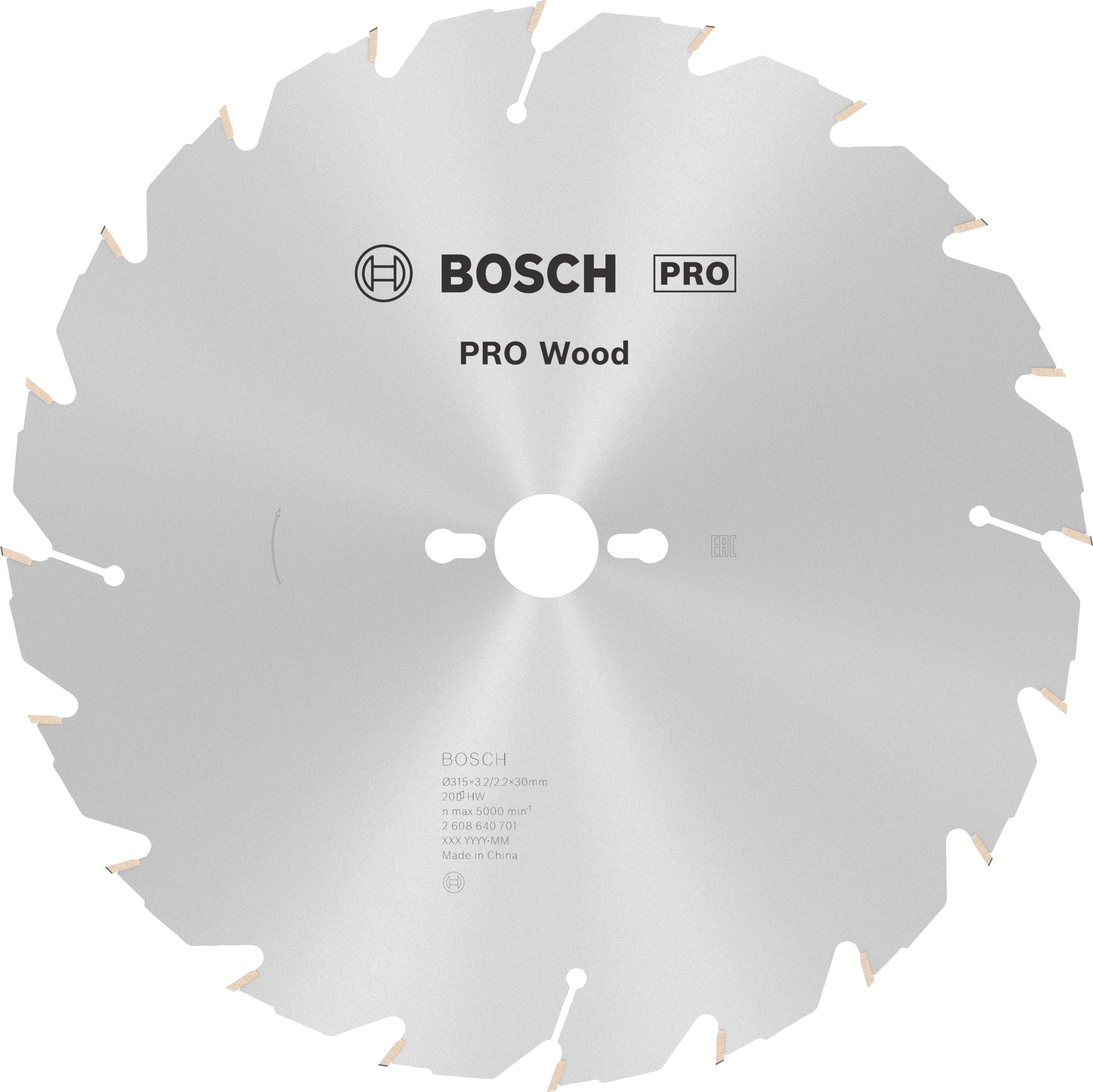 Lame de scie circulaire Bosch portant l'inscription 'PRO Wood', adaptée aux travaux du bois. Montre les dents et le trou central pour le montage sur machine.