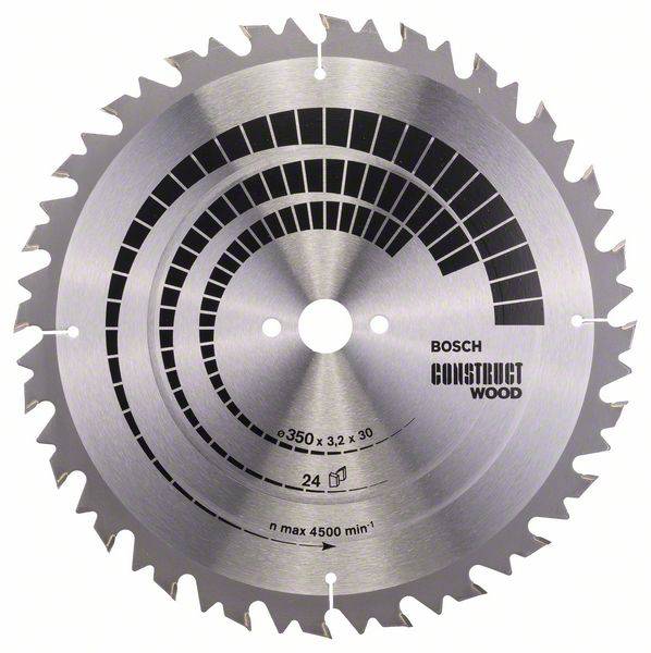 Lame de scie circulaire avec dents et marquages noirs sur surface argentée. Texte : 'Bosch Construct Wood', Diamètre : 350 mm, Max. 4500 tr/min.