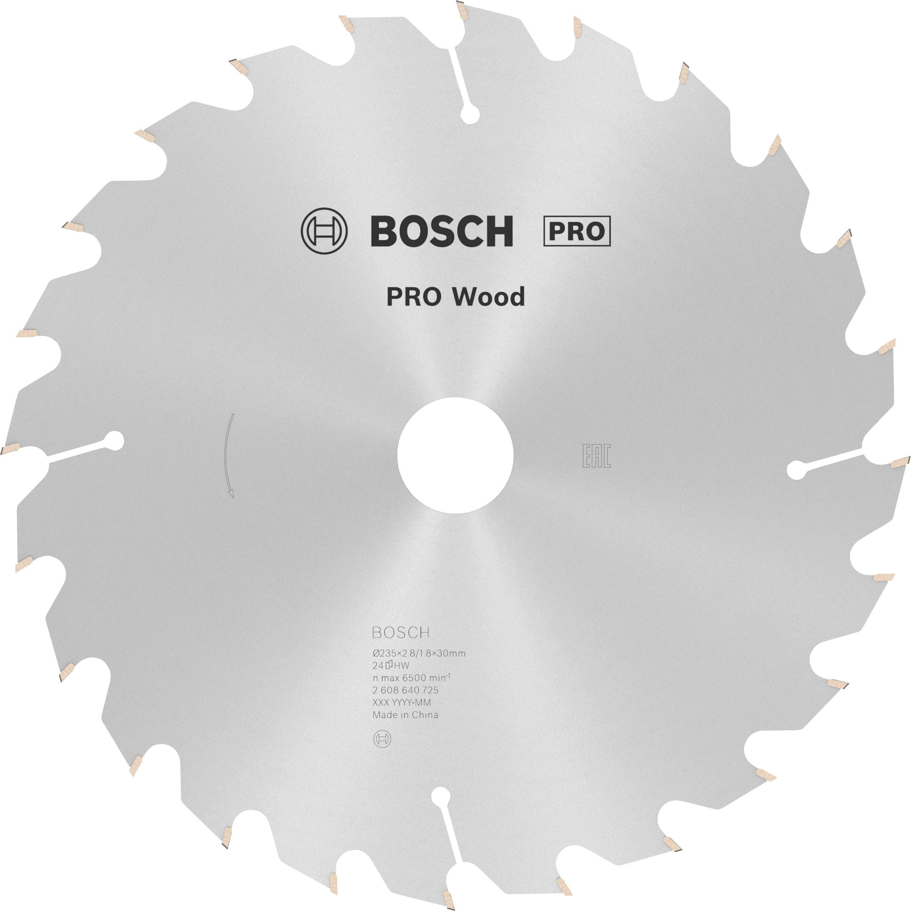 Lame de scie circulaire portant l'inscription 'Bosch Pro Wood', adaptée au bois, argentée et dentelée. Comprend des spécifications techniques.