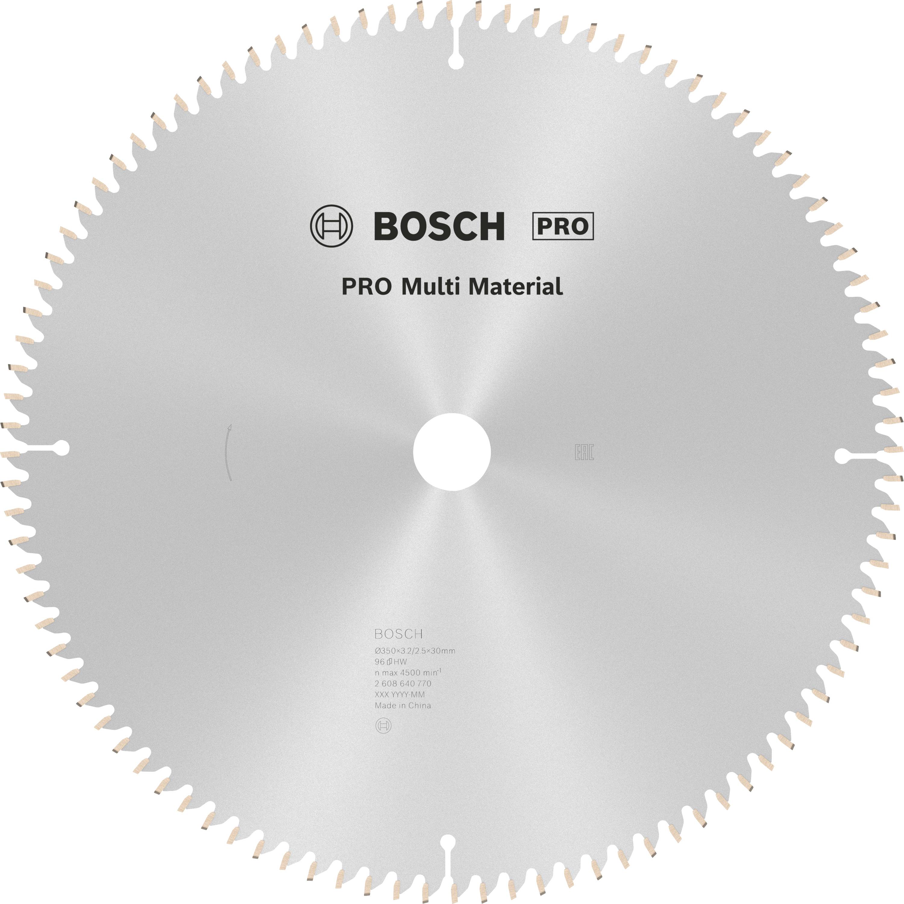 Lame de scie circulaire Bosch, étiquetée 'PRO Multi Matériaux'. Lame dentelée argentée pour le travail de matériaux polyvalents.