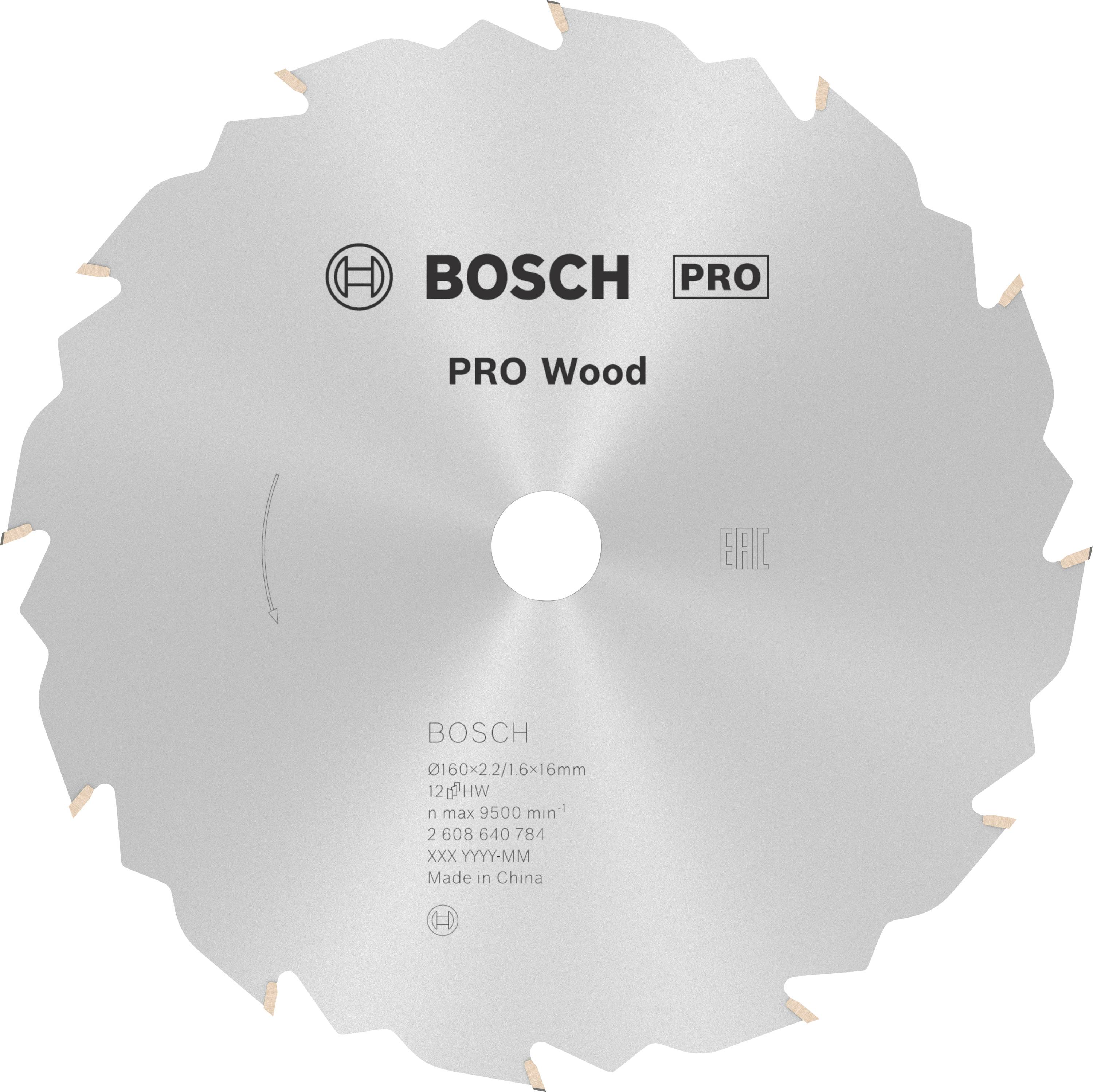 Lame de scie circulaire Bosch, marquée 'PRO Wood', adaptée pour les coupes de bois, diamètre 216 mm, alésage 16 mm.