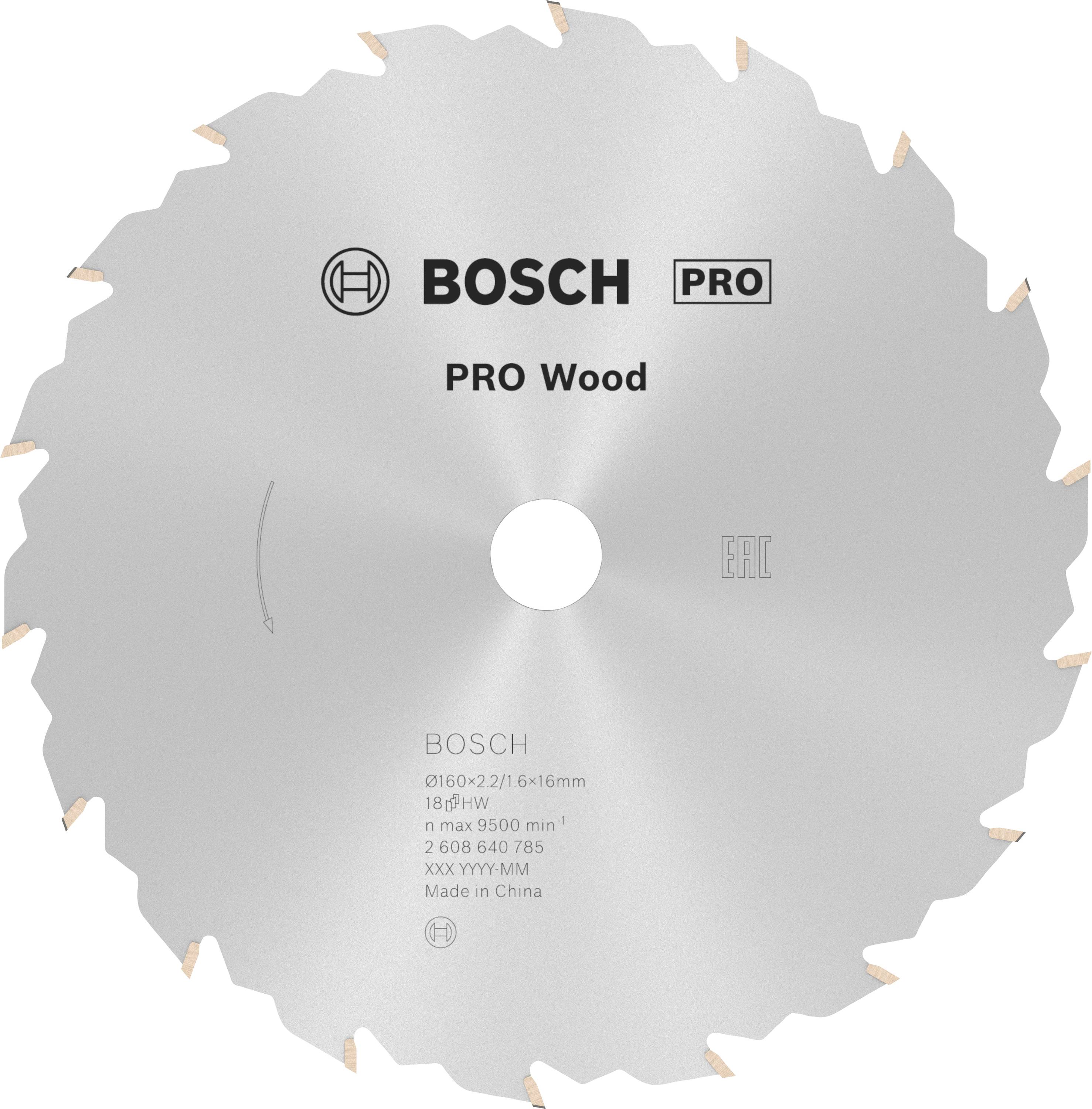 Lame de scie circulaire avec l'inscription 'PRO Wood'. Adaptée aux travaux sur bois. Vitesse de rotation maximale de 9500 tr/min. De la marque Bosch.
