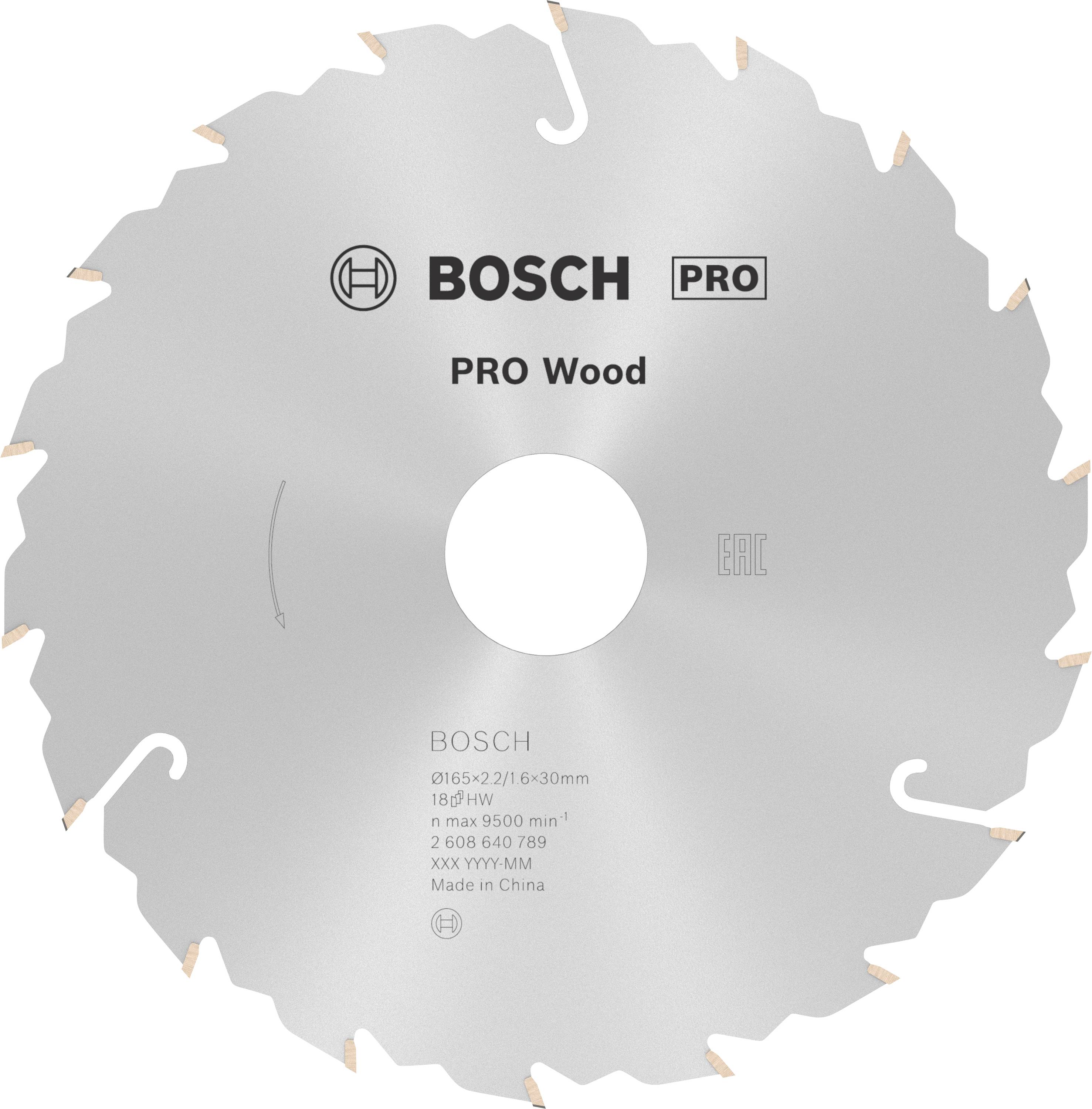 Lame de scie circulaire portant l'inscription 'BOSCH PRO Wood', adaptée pour les coupes de bois. Lame argentée aux bords dentelés.