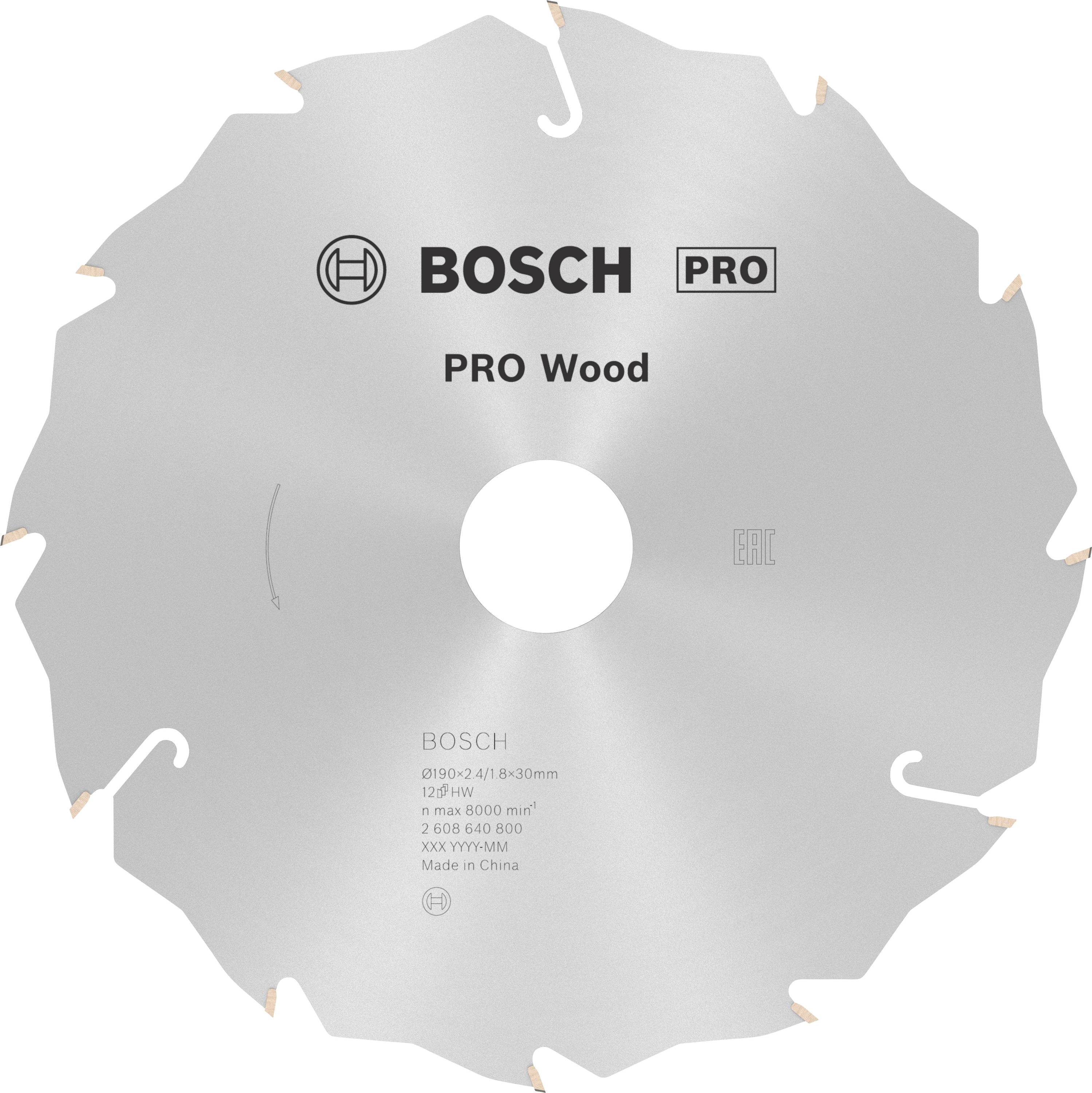 Lame de scie circulaire portant l'inscription 'Bosch PRO Wood'. Elle présente des bords dentelés et est conçue pour les travaux sur bois.