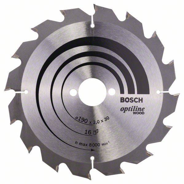 Lame de scie circulaire en métal avec l'inscription 'Bosch Optiline Wood', adaptée pour le travail du bois. Vitesse de rotation max. : 8000 tr/min.