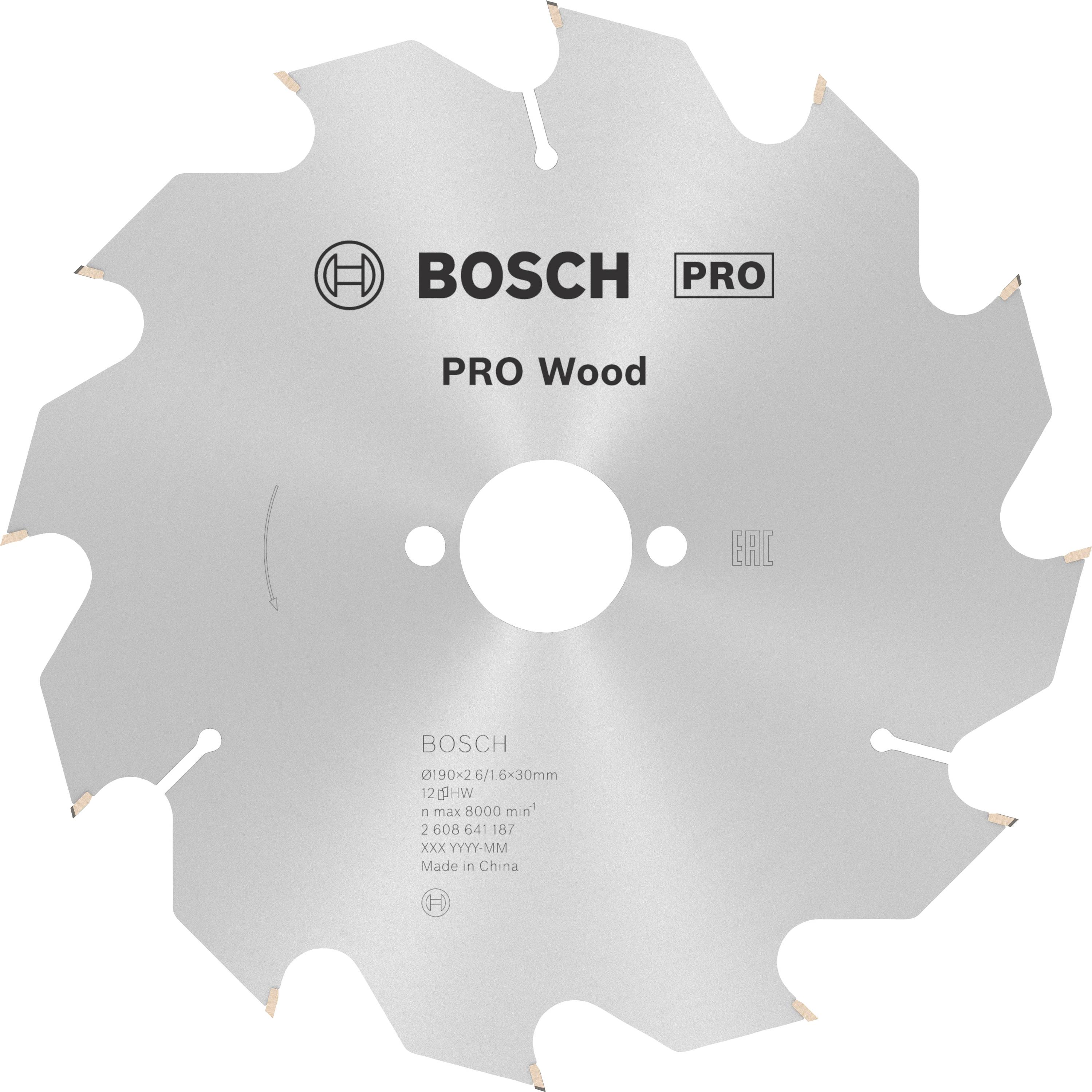 Lame de scie circulaire portant l'inscription 'BOSCH PRO Wood', conçue pour les travaux sur bois. Forme ronde avec plusieurs dents tranchantes.