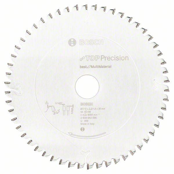 Lame de scie circulaire en métal portant l'inscription 'BOSCH TOP Precision', adaptée à différents matériaux, diamètre 216 mm.
