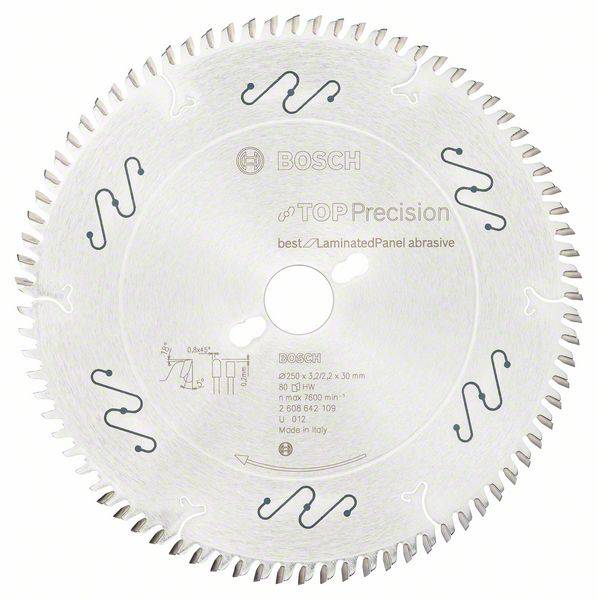 Lame de scie circulaire de la marque Bosch, désignée comme 'Top Precision', adaptée aux matériaux stratifiés, diamètre 250 mm, 80 dents.