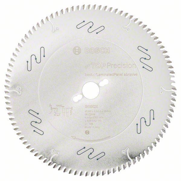 Découpe d'une lame de scie circulaire de la marque 'Bosch', munie de courbes d'amortissement des vibrations et de dents précises.