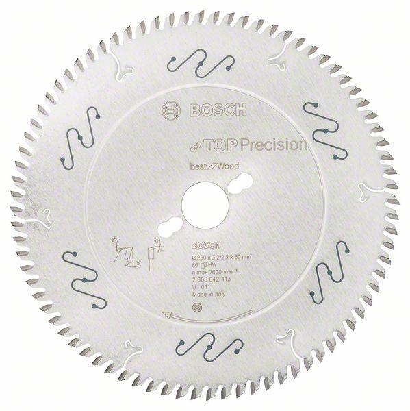 Lame de scie circulaire à nombreuses dents, marque 'Bosch'. Adaptée aux travaux sur bois, soulignant précision et performance. Fabriqué en Italie.