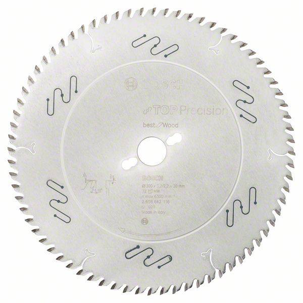Lame de scie circulaire aux dents tranchantes portant l'inscription 'Top Precision'. Adaptée aux travaux sur bois. Surface métallique argentée.