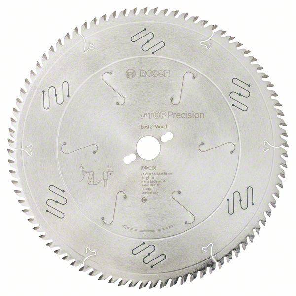 Lame de scie circulaire en métal portant les inscriptions 'Bosch' et 'TOP Precision'. De nombreuses dents régulièrement réparties pour des coupes de bois précises.