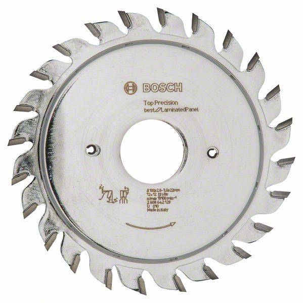 Lame de scie circulaire Bosch, adaptée pour la coupe précise de panneaux stratifiés. Argent avec dents dentelées et marquages.