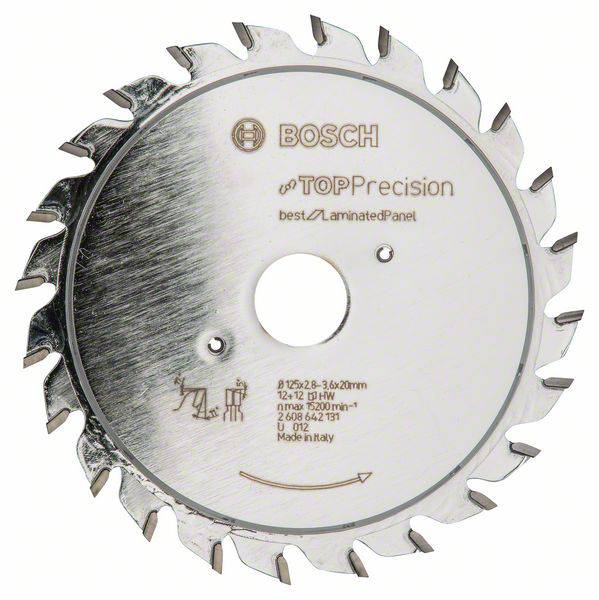 Lame de scie circulaire Bosch, modèle 'TOP Precision' pour panneaux stratifiés, avec 28 dents et 125 mm de diamètre, fabriquée en Italie.
