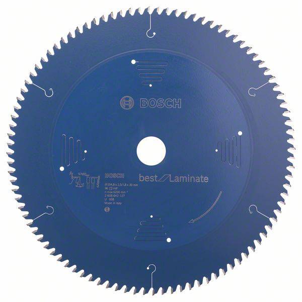 Lame de scie circulaire Bosch, bleue, portant l'inscription 'best Laminate', spécialement conçue pour couper du stratifié.