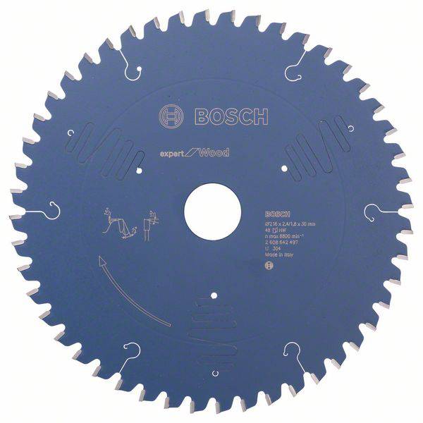 Lame de scie circulaire Bosch pour le bois, avec revêtement bleu et dents visibles, conçue pour le travail professionnel du bois.