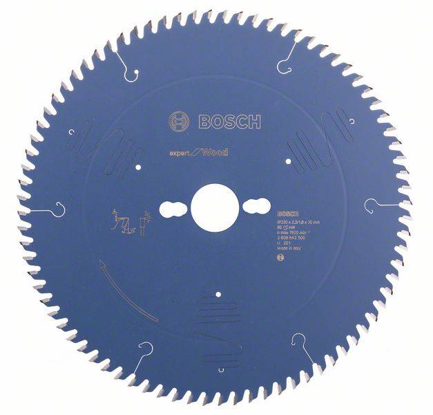 Lame de scie circulaire avec logo Bosch, de nombreuses dents, adaptée aux travaux sur bois, avec indications de diamètre et de modèle visibles.
