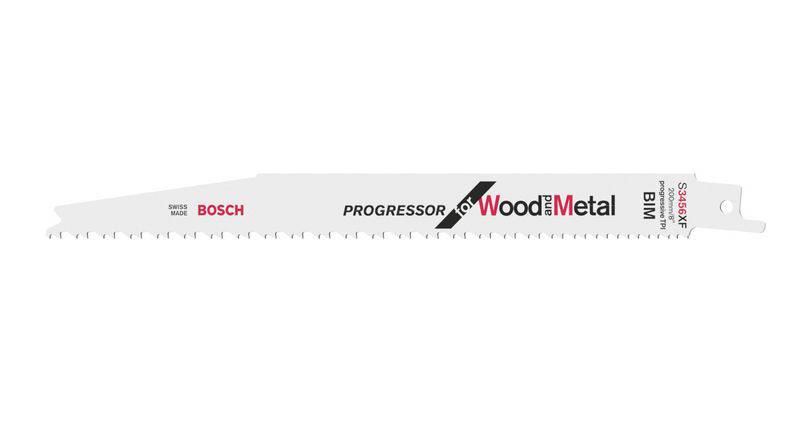 Lame de scie sabre Bosch pour bois et métal, modèle 'Progressor for Wood+Metal'. Adaptée à une utilisation avec des outils de scie sabre.