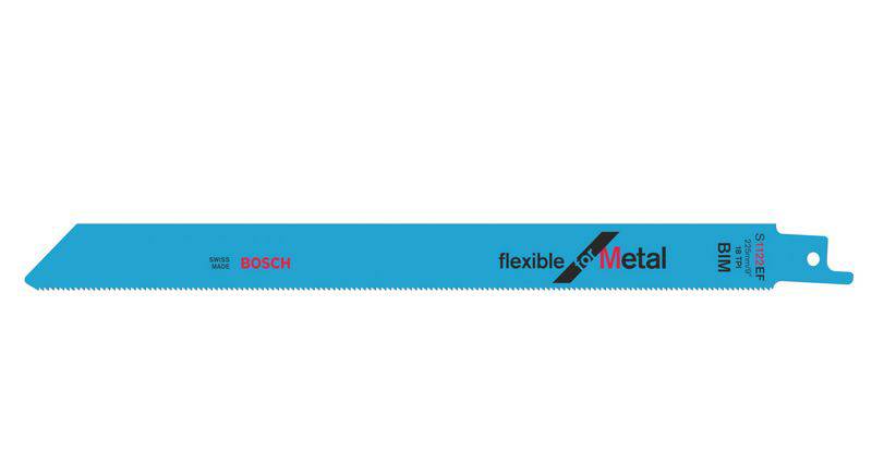 Lame de scie métallique bleue avec texte rouge et noir 'Bosch flexible for Metal'. Adaptée aux travaux métalliques flexibles.