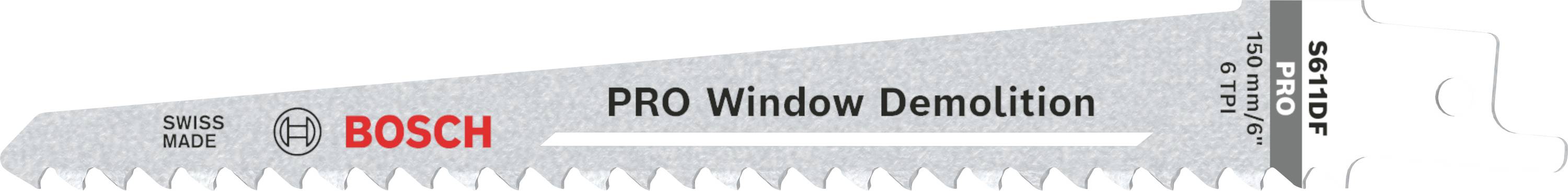 Lame de scie sabre avec l'inscription 'Bosch PRO Window Demolition', adaptée au démontage de fenêtres, fabriquée en Suisse.