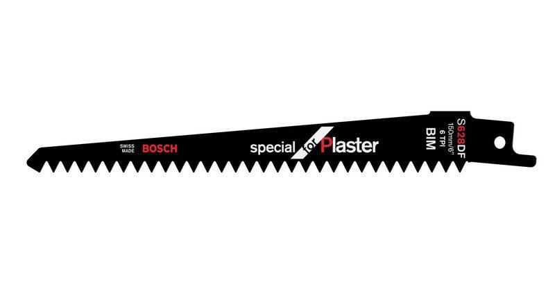 Lame de scie sabre Bosch 'S628DF' pour applications spéciales dans le plâtre. Lame noire avec des marquages blancs et rouges.