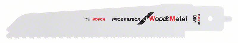 Lame de scie sabre avec l'inscription 'Bosch Progressor Wood Metal', adaptée pour le bois et le métal, de couleur blanche avec un bord dentelé.