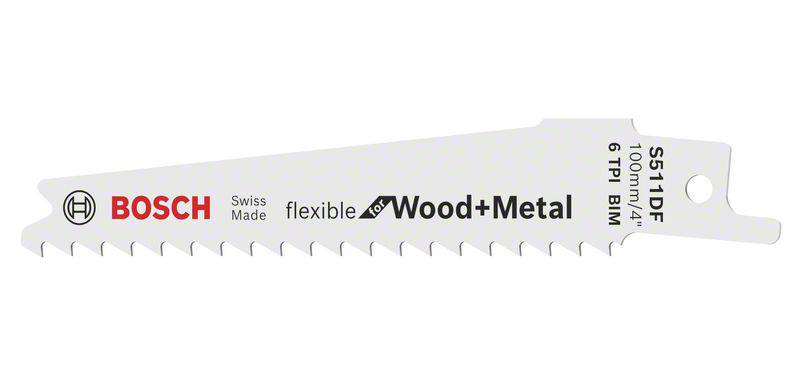 Lame de scie sauteuse avec inscription 'Bosch Swiss Made flexible Wood+Metal', longueur 100 mm, 6 TPI, BIM, modèle S511DF. Adaptée pour le bois et le métal.