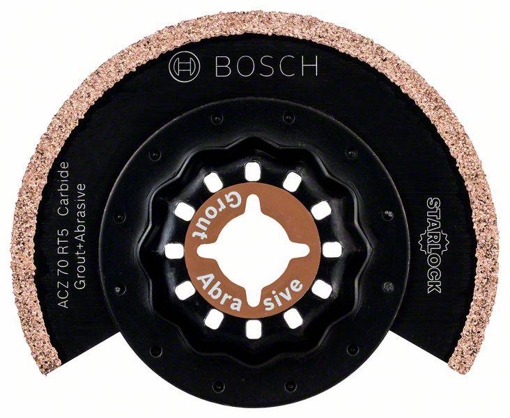 Une feuille abrasive Bosch portant l'inscription 'Abrasif pour joints', adaptée aux travaux de jointoiement, avec une fixation en forme d'étoile.