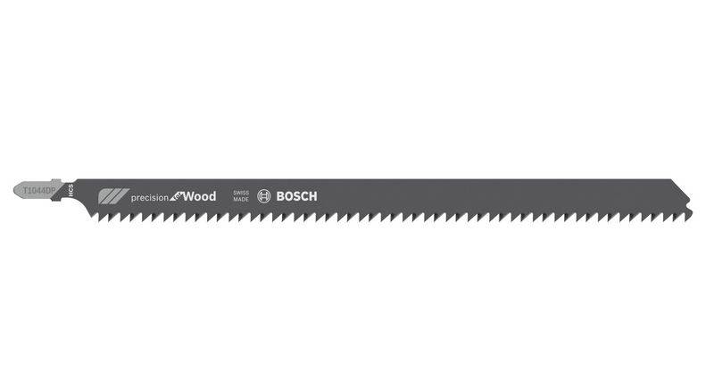 Lame de scie Bosch pour le bois, adaptée pour des coupes précises. Longue et étroite avec des dents acérées, idéale pour les travaux sur bois.