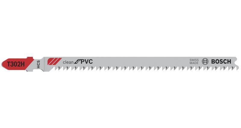Lame de scie sauteuse Bosch avec marquage 'T302H' et 'clean for PVC', en matériau HCS, adaptée pour des coupes nettes dans le PVC.