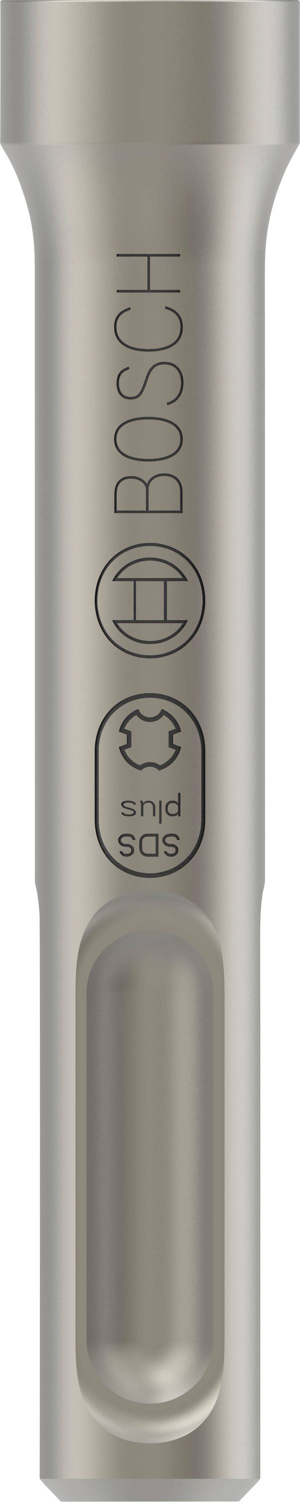 Embout de forage argenté avec marquage 'BOSCH', 'SDS plus' et un symbole d'outil. Adapté aux travaux de perçage et de burinage.