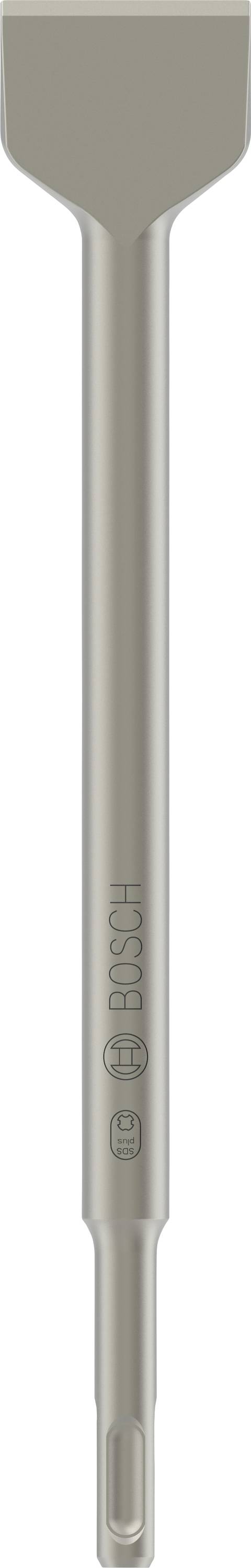 Burin plat SDS-MAX en acier, adapté aux travaux de démolition et d'enlèvement de matériaux, avec une tête large et plate pour un travail efficace.
