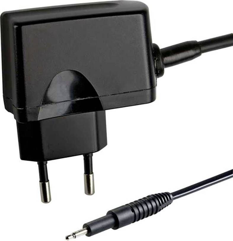 Adaptateur secteur noir avec fiche européenne et câble de sortie fin.