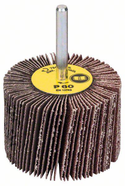 Corps de meulage cylindrique avec des lamelles de ponçage radiales. Adapté aux travaux de polissage, grain moyen P60, étiquette jaune visible.
