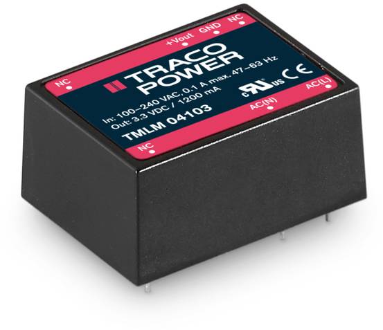 Un convertisseur de tension rectangulaire de la marque Traco Power, modèle TMLM 04103, pour des tensions d'entrée de 100-240 V CA et une sortie de 3,3 V CC/1200 mA.