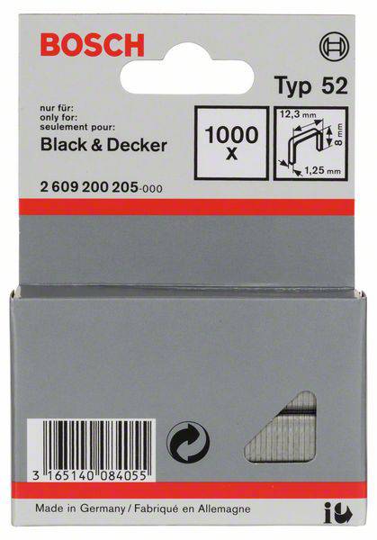 Boîte d'agrafes de type Bosch 52, 1000 pièces, taille 12,3 mm x 1,25 mm. Compatible avec Black & Decker. Fabriqué en Allemagne.