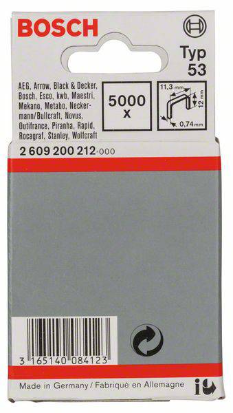 Agrafes à fil fin type 53, 11,4 x 0,74 x 12 mm, 5000 pièces Bosch 2609200212