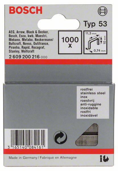 Bosch Typ 53 Tackernadeln, 1000 Stück. Geeignet für AEG, Arrow, Black & Decker, etc. Maße: 11,3 x 0,74 mm. Made in Germany.