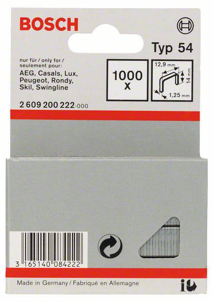 Agrafes Bosch Type 54, lot de 1000, longueur 12,9 mm, largeur 1,25 mm. Compatibles avec AEG, Casals, Lux, Peugeot, Rondy, Skil, Swingline.