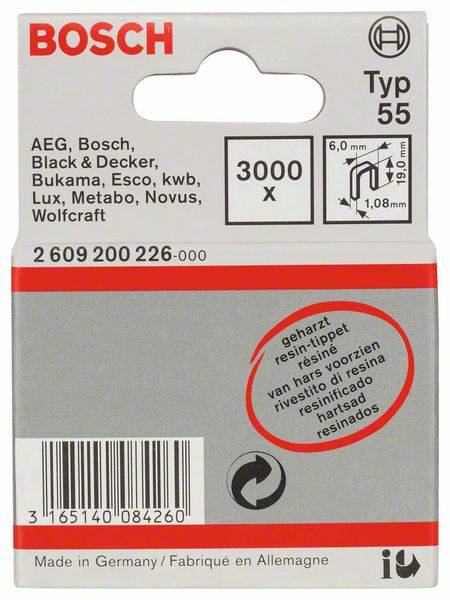 'Bosch Type 55' Agrafe Packaging pour agrafes de 6mm x 1,08mm, 3000 pièces. Compatible avec AEG, Bosch, Black & Decker et autres. Fabriqué en Allemagne.