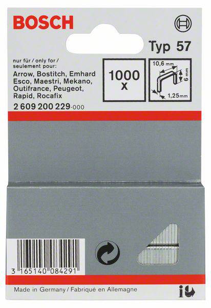 Agrafes Bosch, type 57, paquet de 1000 pièces, largeur 10,6 mm, longueur 6 mm. Liste des appareils compatibles imprimée. Fabriqué en Allemagne.